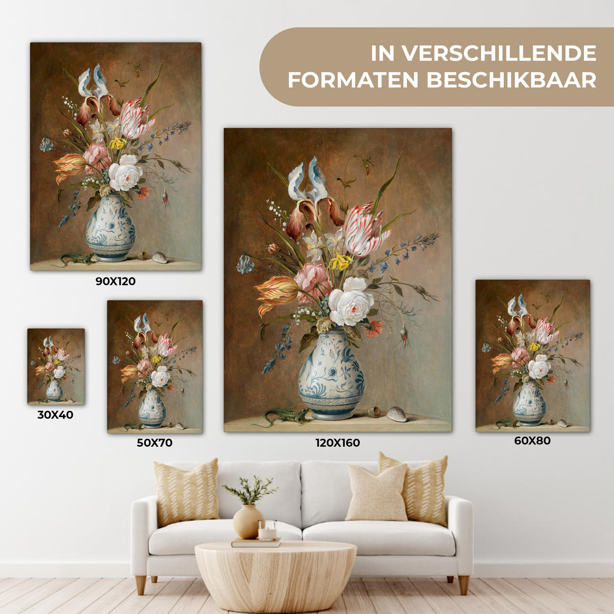 LEINWANDBILD Alte Meister - Blumen - Balthasar van der Ast Wandbild Wohnzimmer 60x80 cm - Hellbraun, Textil (60/80cm) - MuchoWow