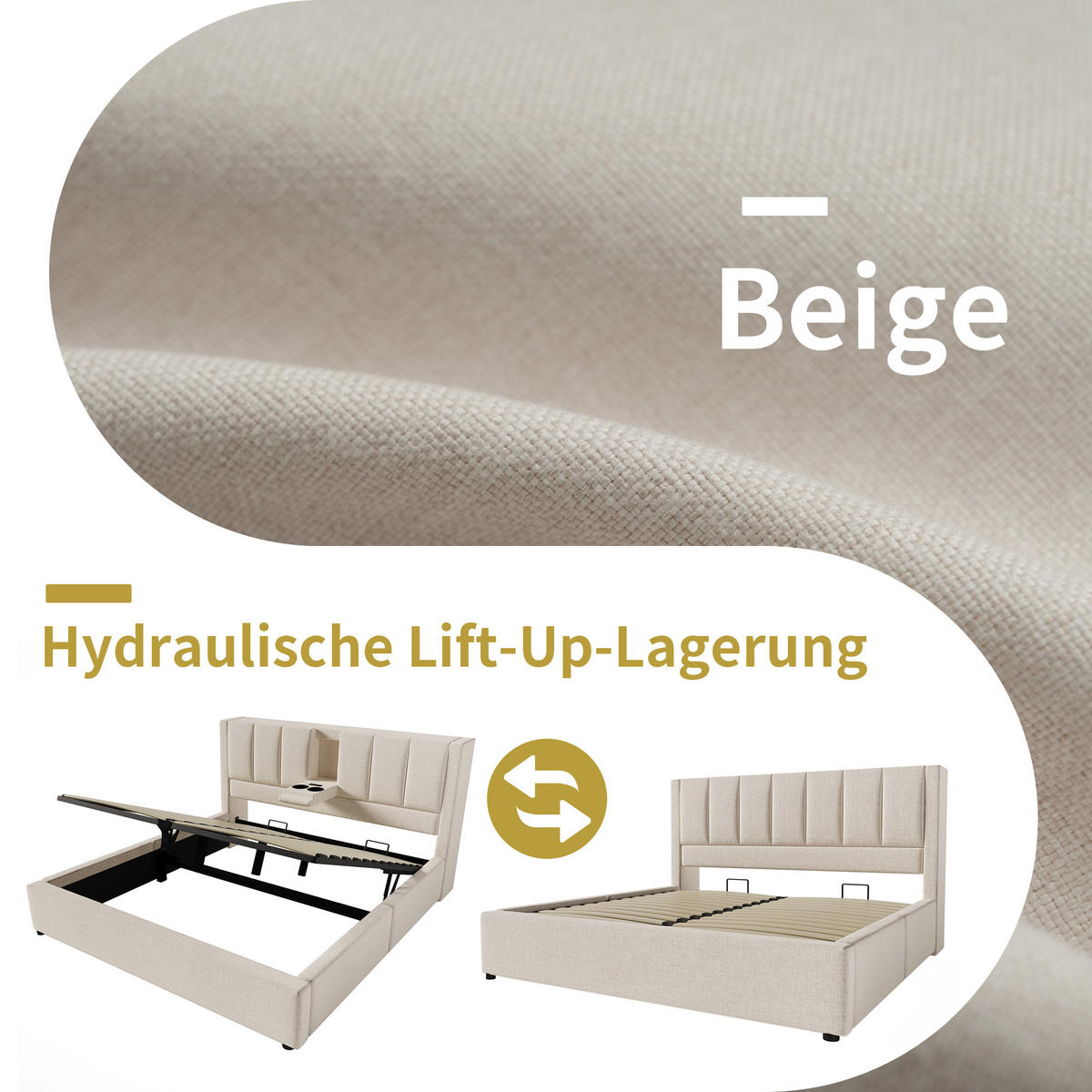 POLSTERBETT 160/200 cm Beige mit Stauraum und integrierter Ladestation mit Matratze aus Leinen - Beige, Textil (160/200cm) - OKWISH
