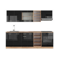 KÜCHENZEILE R-Line Schwarz Hochglanz/Goldkraft Eiche 240 cm, AP Eiche - Schwarz Hochglanz/Eiche Wotan, Holzwerkstoff (240/81.6/60cm) - Vicco