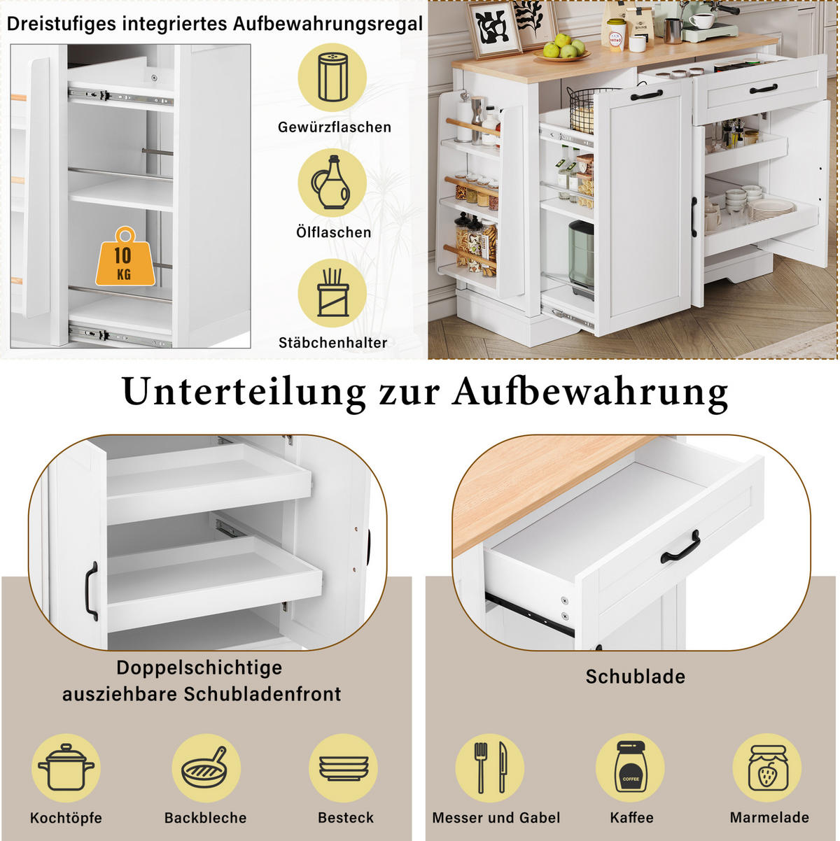 KÜCHENINSEL 115/40/87 cm mit offenen Fächern, 2 Schubladen und MDF-Korpus in Holzoptik, Weiß - Weiß, Holzwerkstoff (115/87/40cm) - Redom