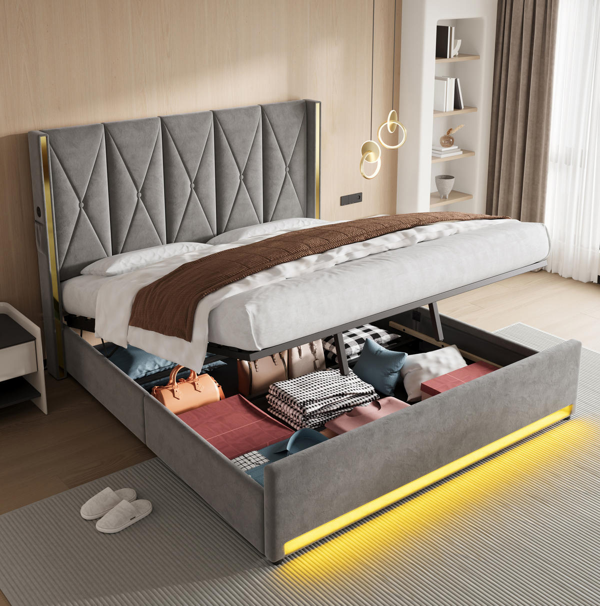 POLSTERBETT 180/200 cm mit LED-Beleuchtung, USB- und Type-C-Anschluss, Bettkasten und Seitentaschen, Dunkelgrau - Dunkelgrau, Textil (180/200cm) - Redom