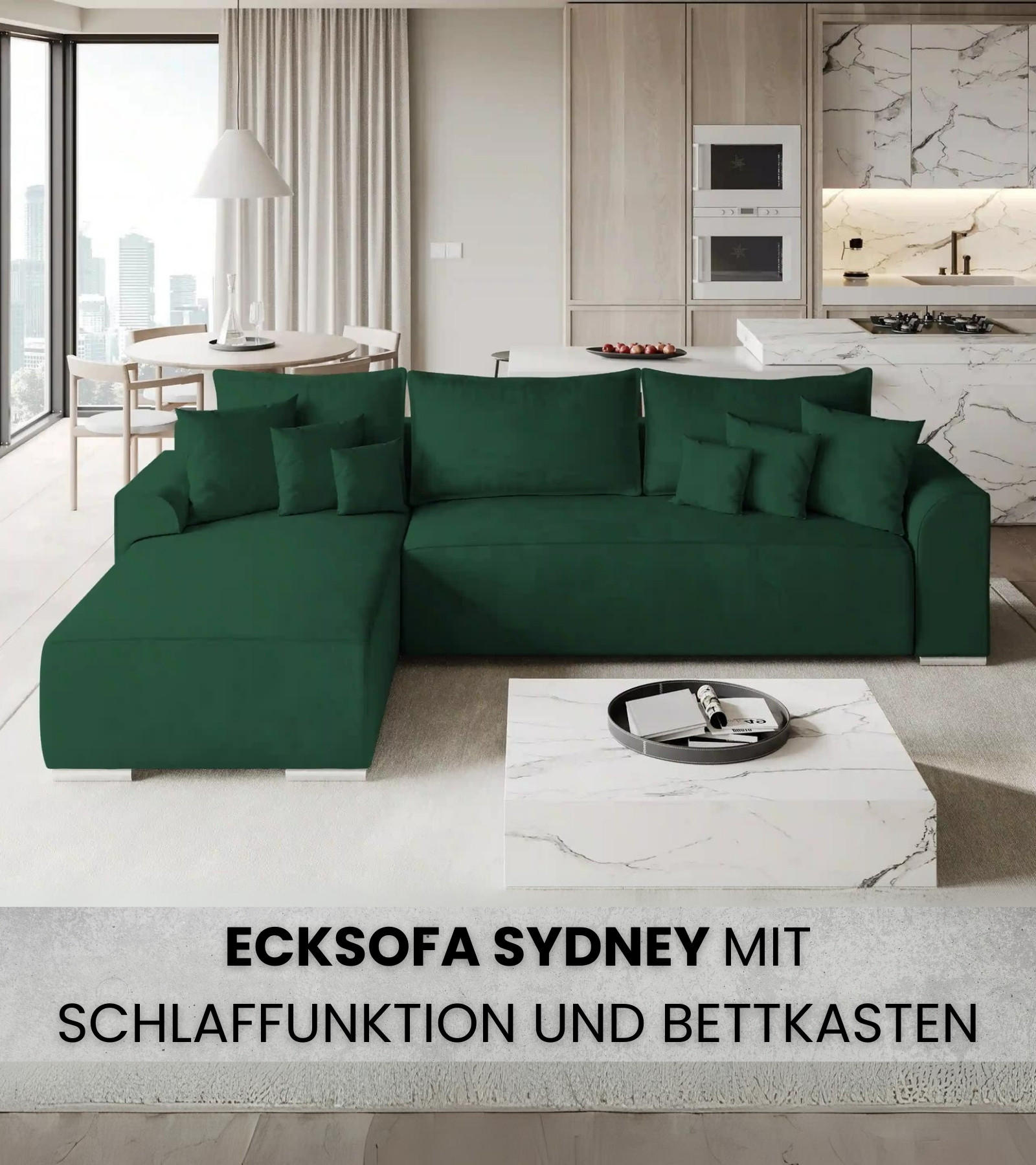 ECKSOFA Sydney mit Schlaffunktion Grün Plüsch - Grün, Textil (280/184cm) - Bromarkt