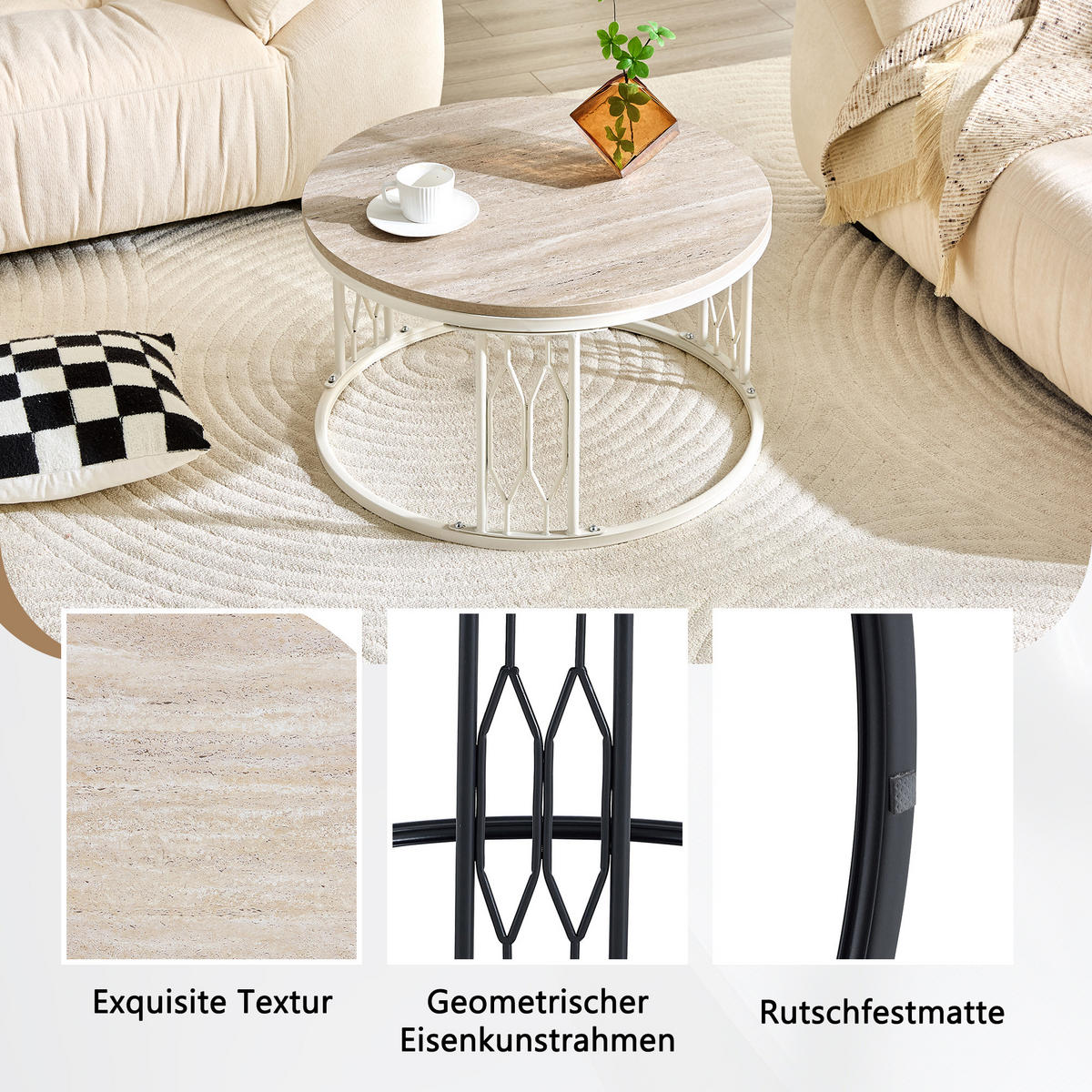 COUCHTISCH DE-37365 rund mit Holzoptik Weiß - Weiß, Metall (70/70/40.5cm) - ComfortXL