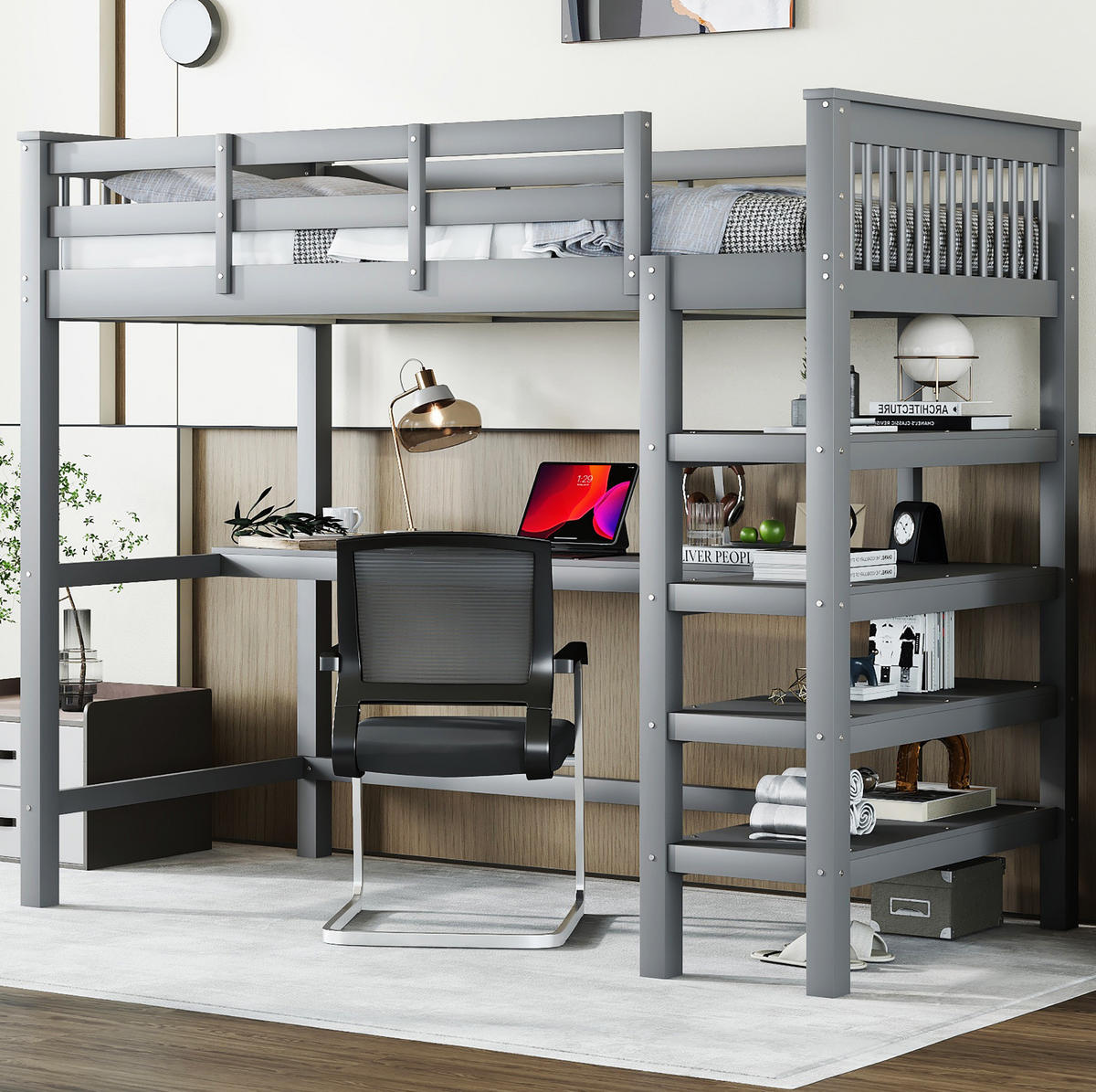 HOCHBETT mit Schreibtisch und Ablagefächern 90x200 cm Grau - Grau, Holzwerkstoff (90/200cm) - Beauniv