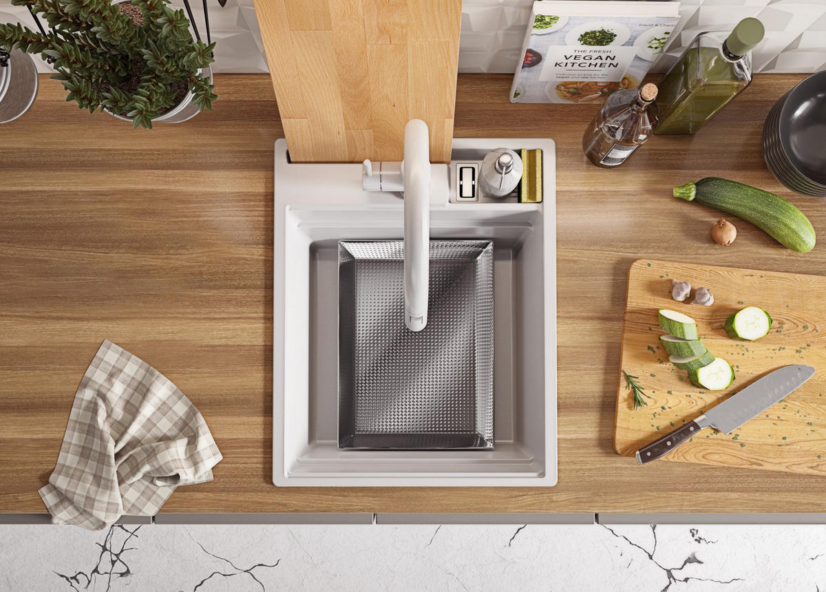 GRANITSPÜLE Oslo Pocket, 2-er set Weiß 43/53 cm 1 Becken + Küchenarmatur 38/14 cm + Ablauf-Set + Küchenzubehörset ab 45er Unterschrank - Chromfarben/Beige, Kunststoff (43/20/53cm) - Primagran