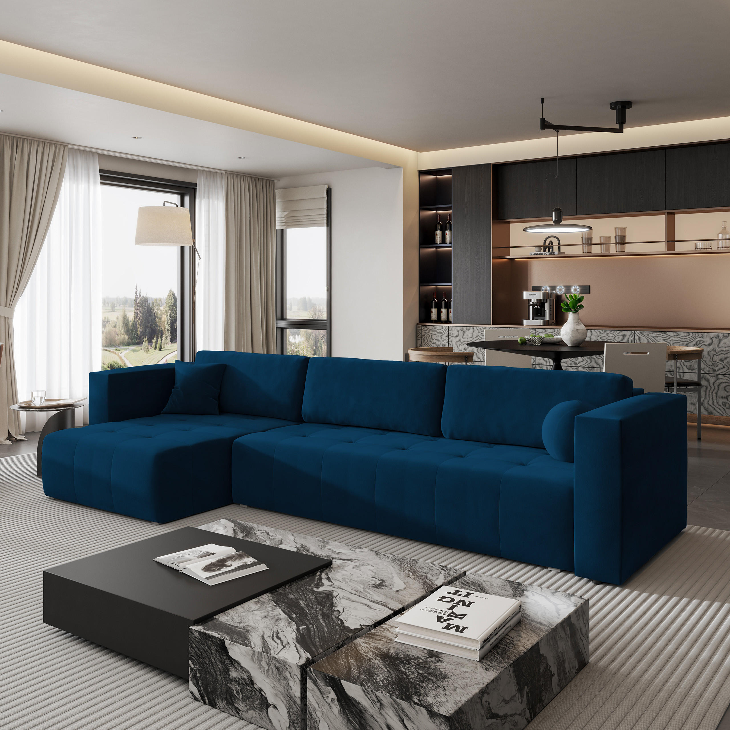 ECKSOFA OLVERA Blau Plüsch-Stoff mit Schlaffunktion - Blau, Holz (347/148cm) - MASSENO