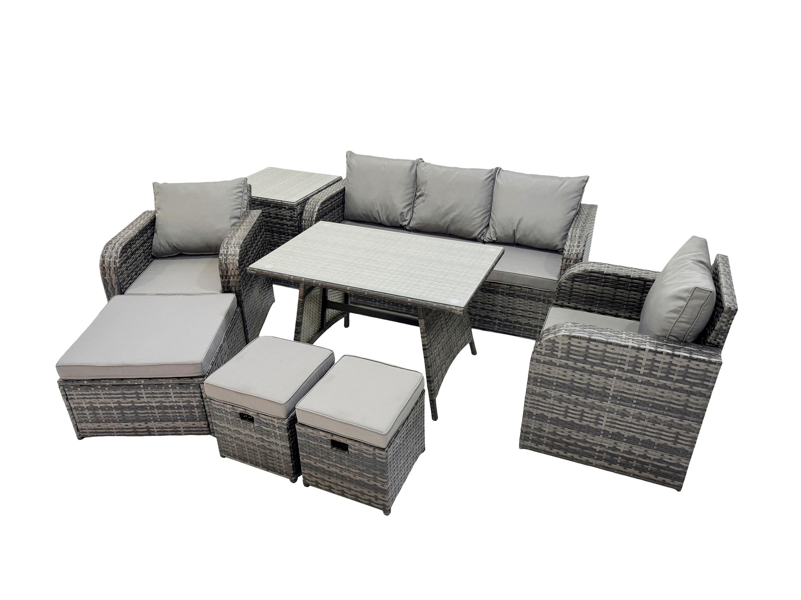 GARTENMÖBEL SET mit COUCHTISCH Polyrattan Dunkelgrau 8-Sitzer - Dunkelgrau/Grau, Glas/Kunststoff - Fimous