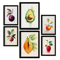 POSTER Set Mit 6 Erfrischende Früchte Plakate Von Obst Gemüse & Gesunden Lebensmitteln Im Aquarell Kunst Auf Reinweißen A3 & A4 Schwarzer Rahmen - Schwarz, Papier (29/3cm) - Nacnic