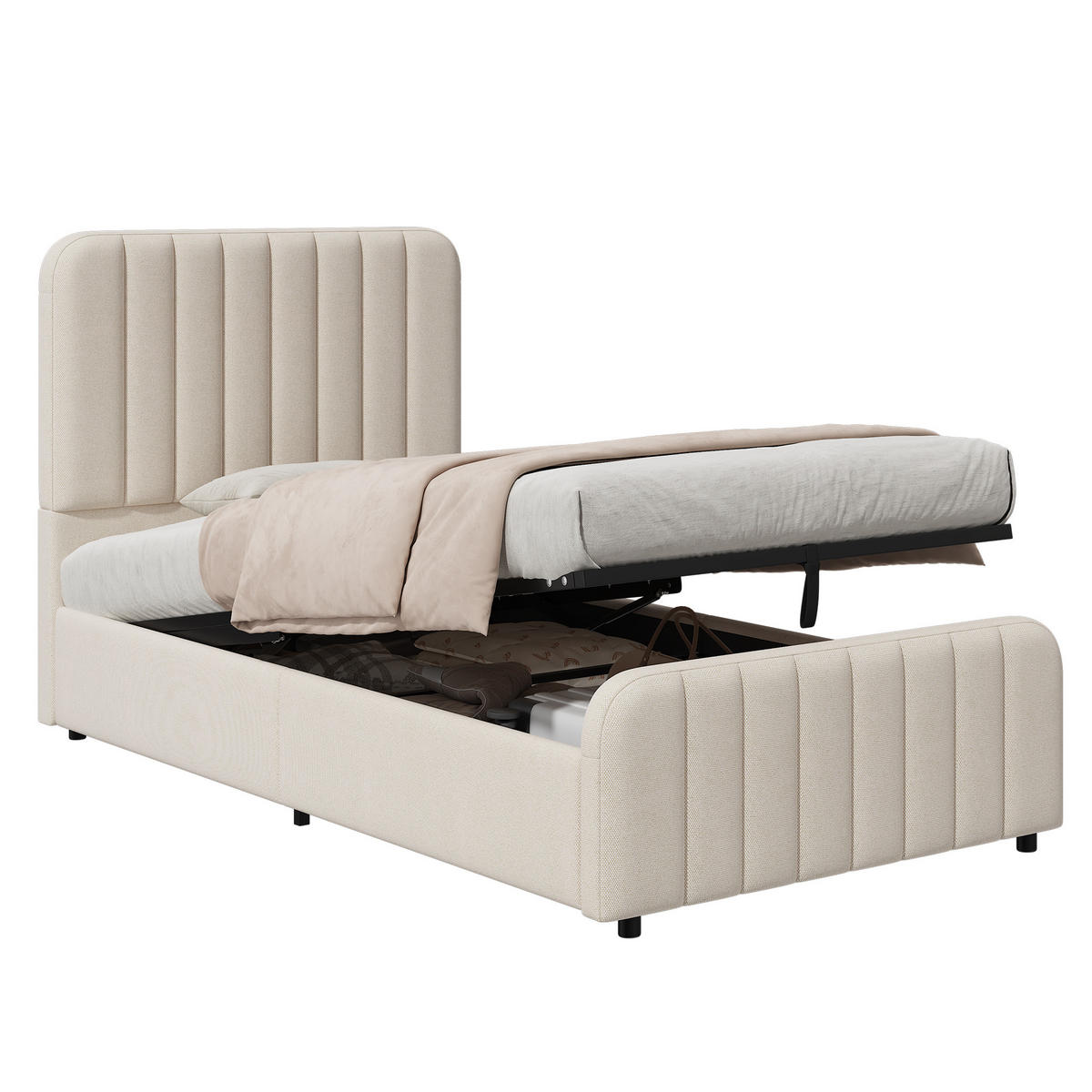 POLSTERBETT 90x200cm Hydraulisch Stauraumbett Leinen Beige - Beige, Naturmaterialien - FLIEKS