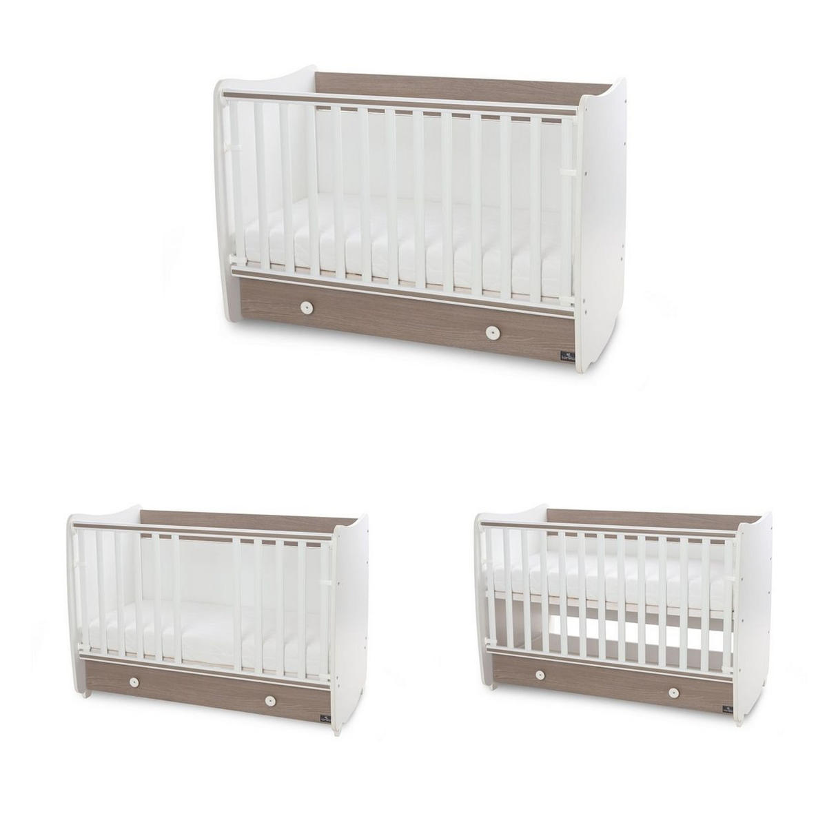 BABYBETT Dream NEW 120 braun weiß 120 x 60 cm, Schaukelbett, Schreibtisch, Hubgitter, 2 Höhenpositionen - Braun, Holzwerkstoff (60/120cm) - Lorelli