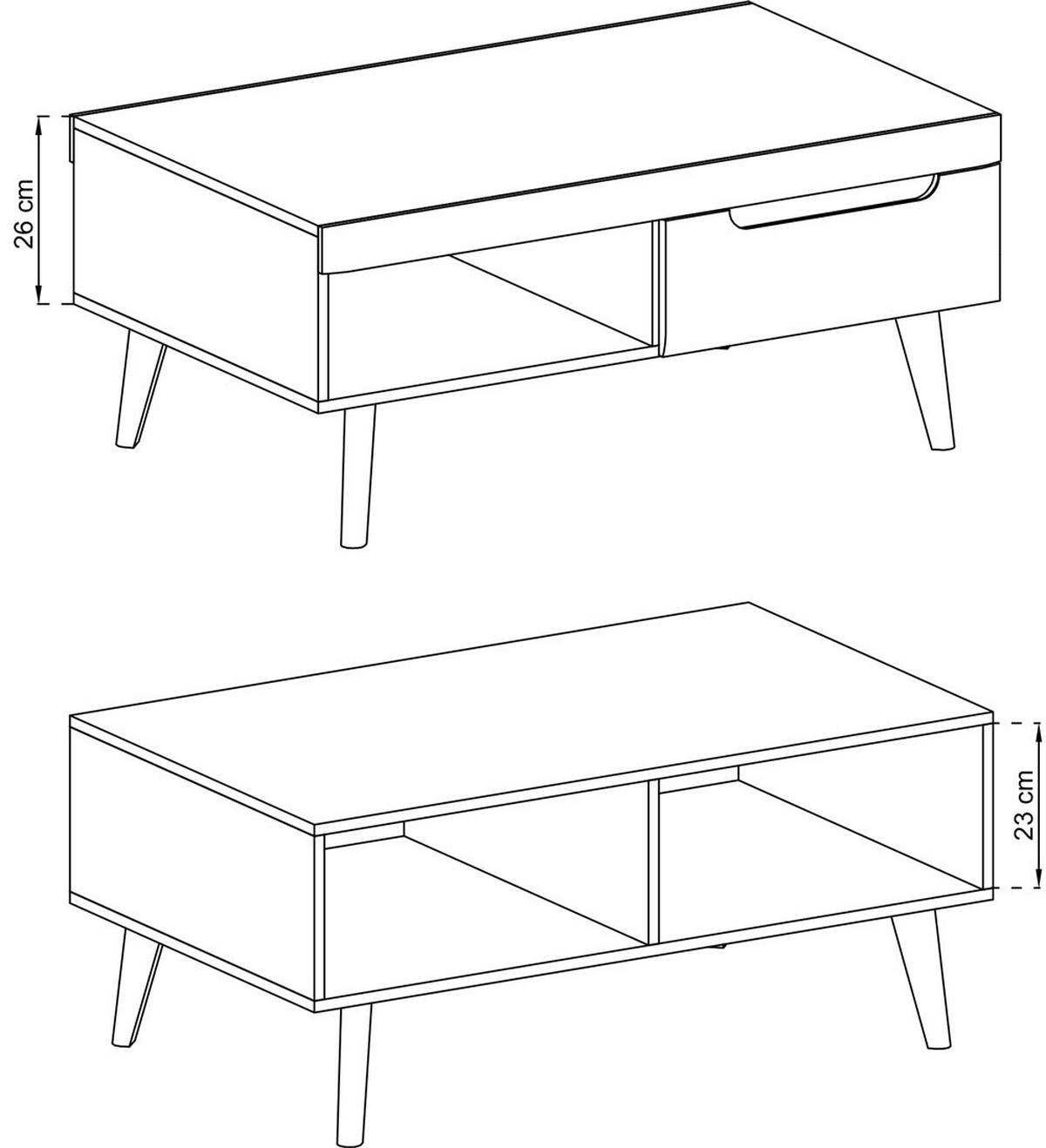 COUCHTISCH Nordi mit Schubladen 107x67x46cm weiß / Riviera Eiche - Weiß Hochglanz/Eichefarben, Holz/Holzwerkstoff (67/107/46cm) - Feldmann-Wohnen