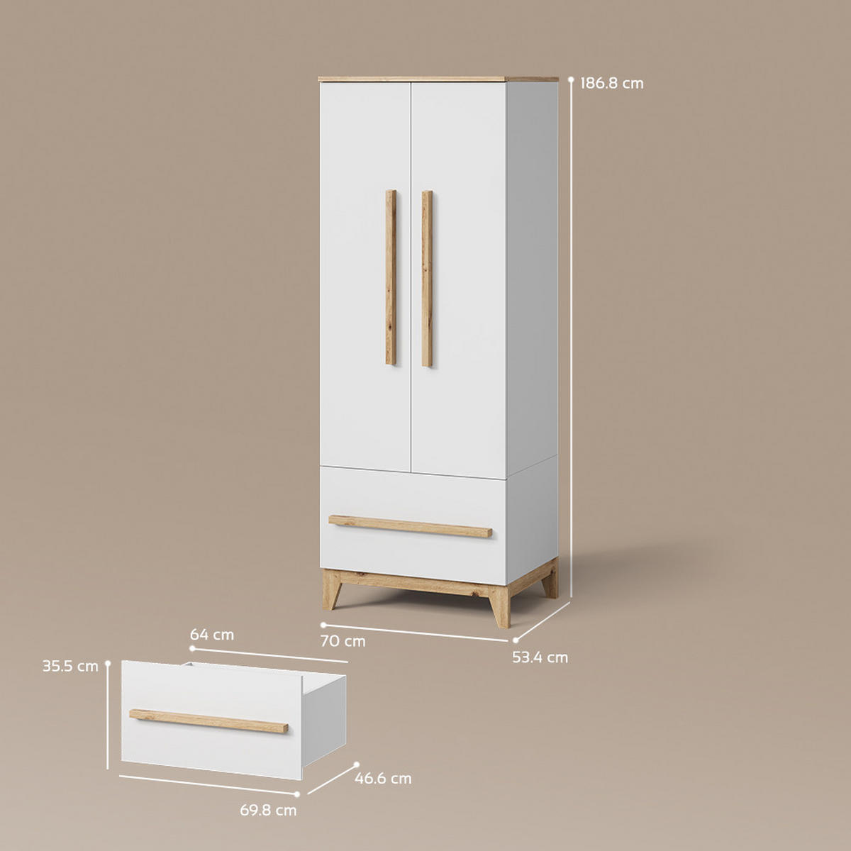 KINDERKLEIDERSCHRANK Mailo Weiß/Artisan 70 x 186.8 cm mit 4 Schubladen - Weiß/Eiche Artisan, Holzwerkstoff (70/186.8/53.4cm) - Livinity®