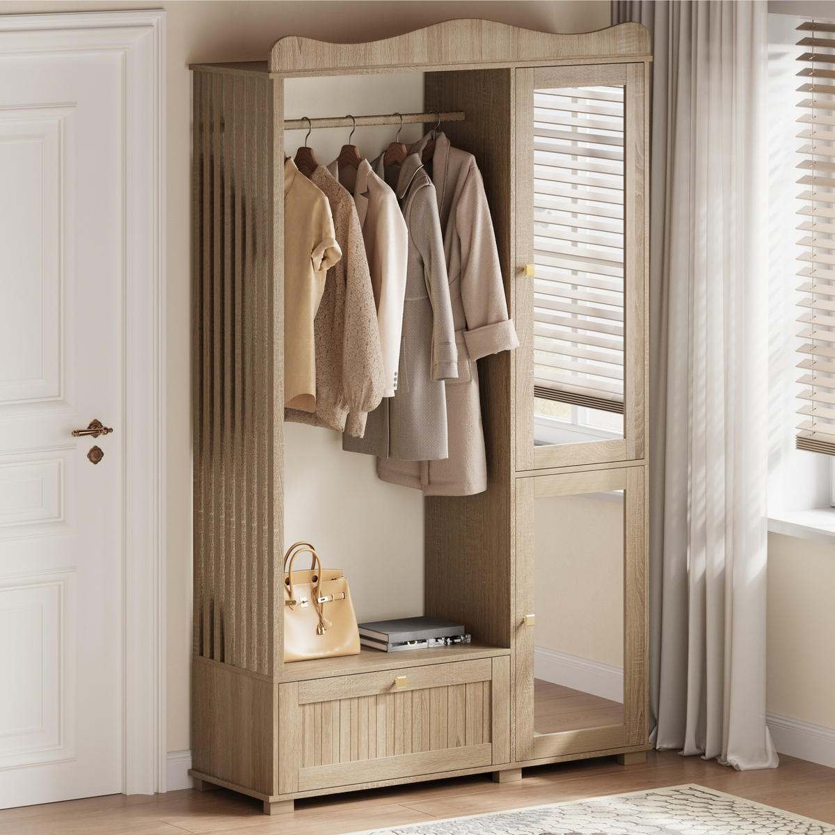 GARDEROBENSCHRANK Spiegel Kleiderstange Schublade - Eichefarben, Holz (115.5/194.5/38.5cm) - Fortuna Lai