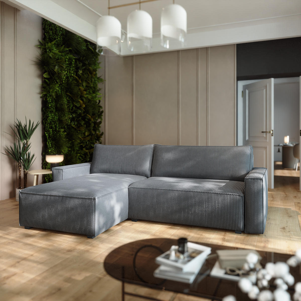 ECKSOFA BESMIR Grau Kordstoff mit Schlaffunktion - Grau, Holz (275/148cm) - MASSENO