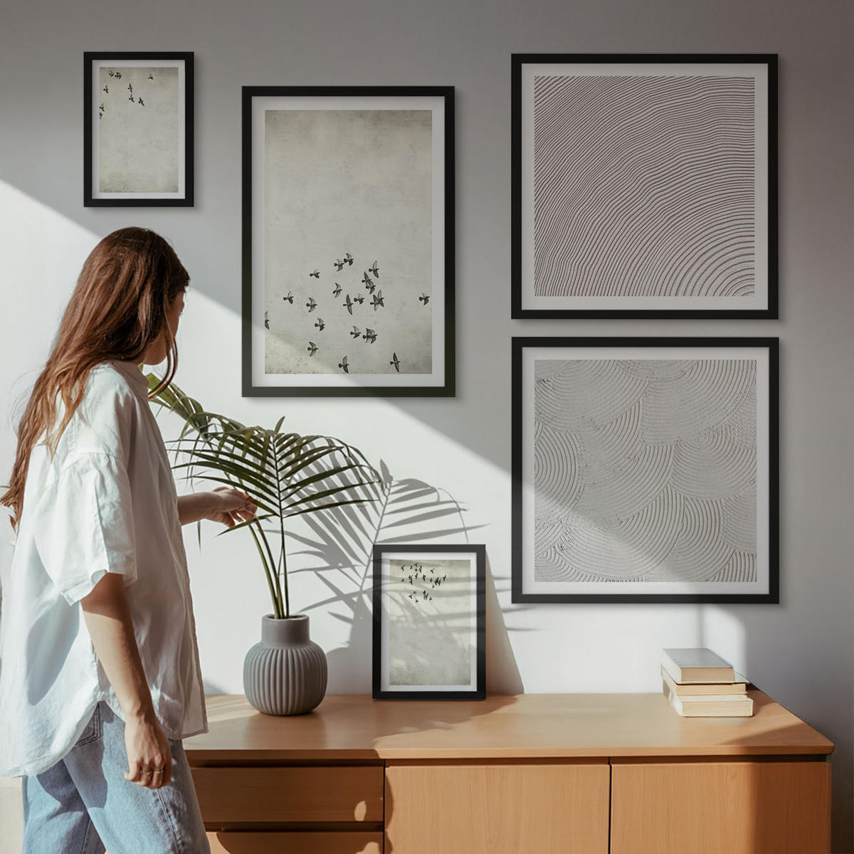 WANDBILDER 5er-Set - 50x50 cm & 20x30 cm & 40x60 cm Schwarzer Rahmen - Minimalistische Vogelmalerei - Schwarz, Kunststoff (40/60cm) - ArtPrintCave