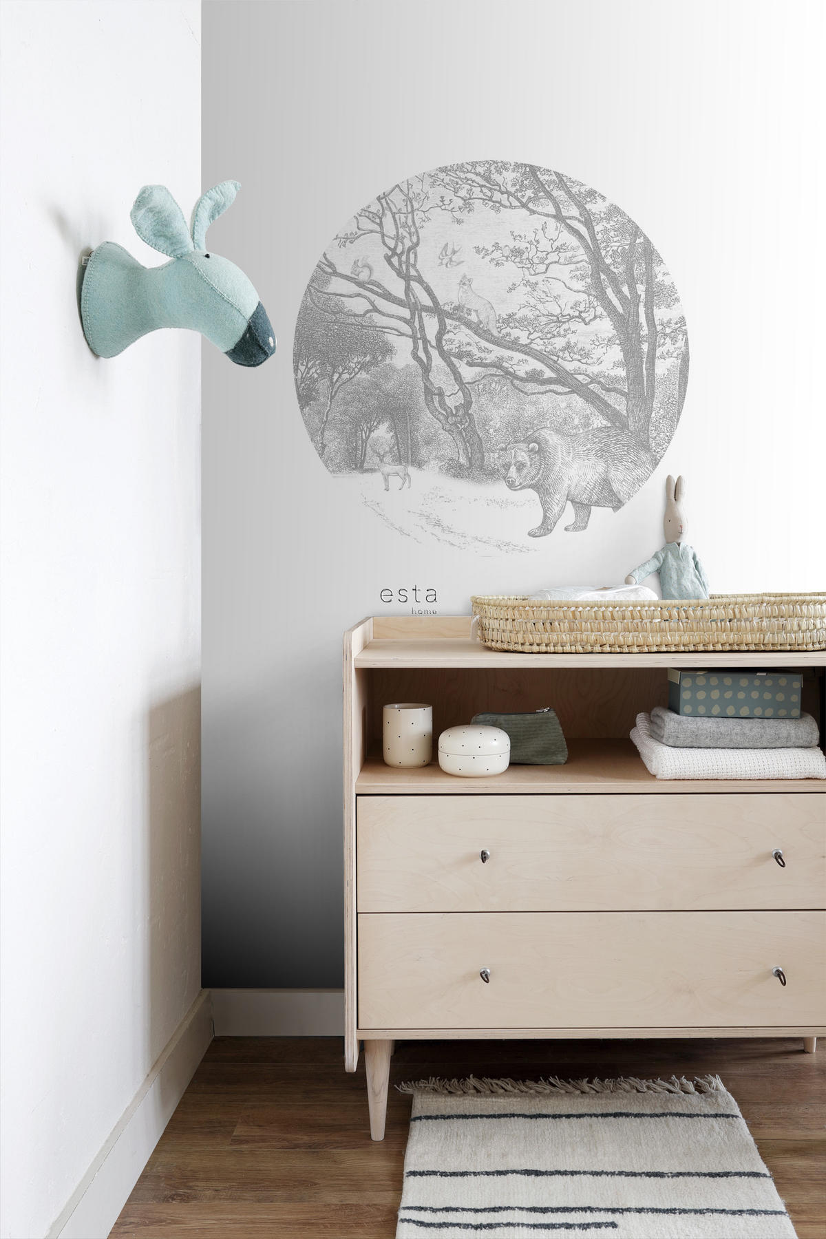 SELBSTKLEBENDE runde Tapete Wald mit Waldtieren Ø 70 cm - Grau, Papier (70/70/70cm) - ESTAhome