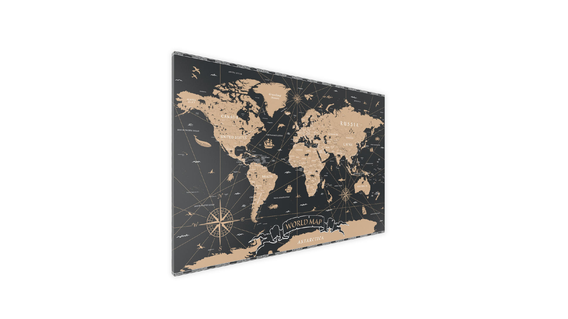METALBOARD WELTKARTE VINTAGE 90x60cm + Zubehör-Set - Schwarz, Metall (90/60/1.8cm) - ALLboards