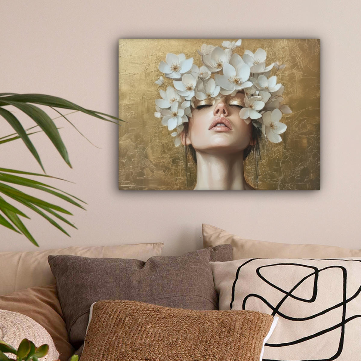 LEINWANDBILD Gesicht - Blumen - Gold - Abstrakt Wandbild 40x30 cm - Goldfarben, Textil (40/30cm) - MuchoWow