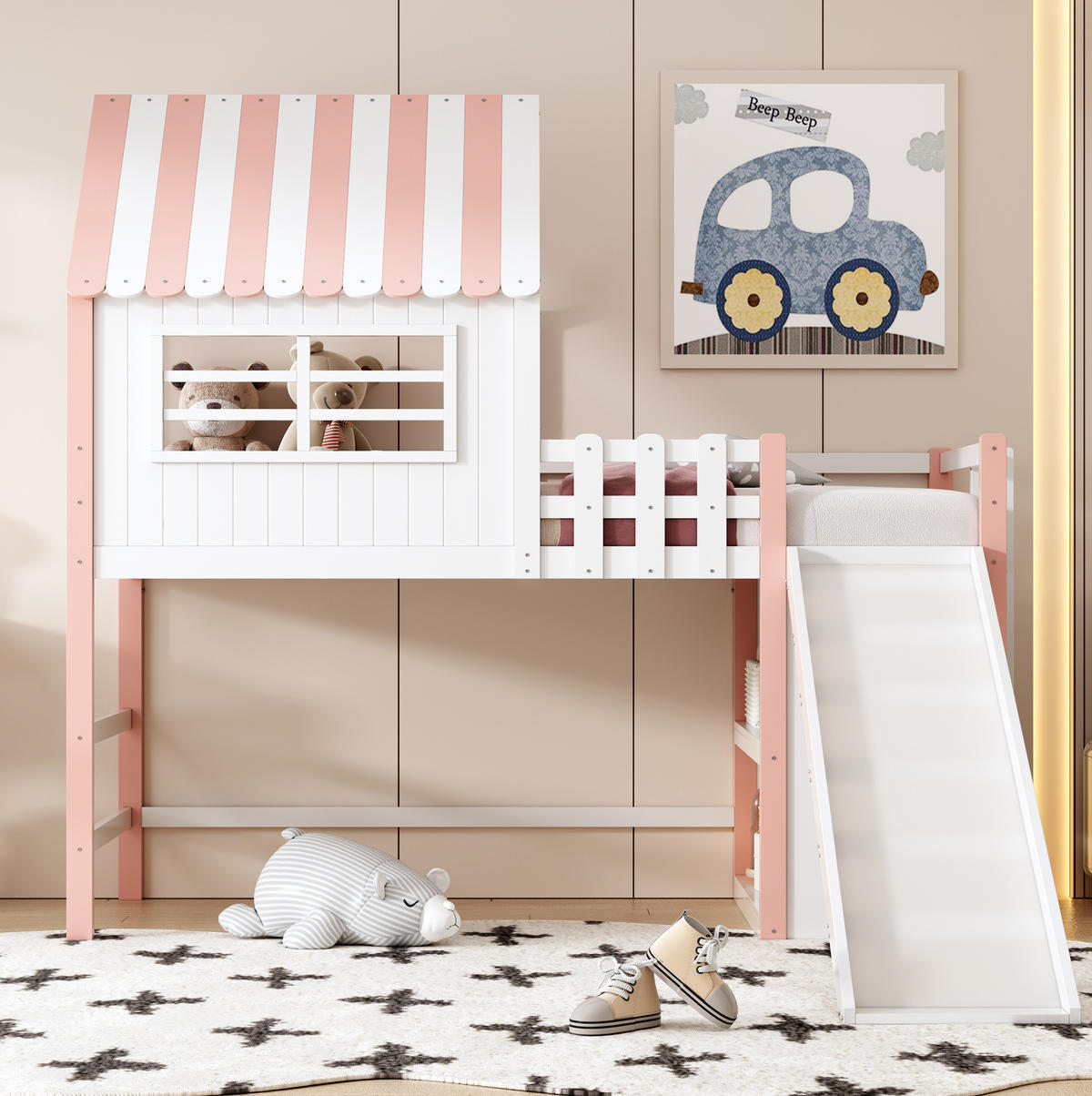 KINDERBETT MDF 90x200 cm Rosa mit Rutsche, Leiter und Stauraum im Dachhaus-Design - Rosa, Holzwerkstoff (140/200cm) - Modfu