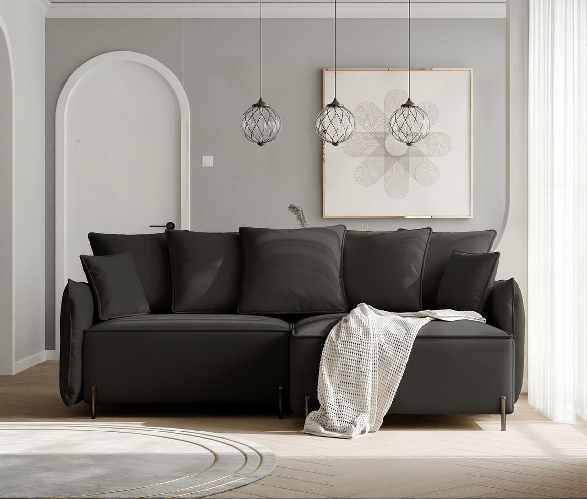ECKSOFA MARCO Rechts, mit Schlaffunktion und Bettkasten, Anthrazit - Anthrazit, Textil/Metall (221/148cm) - Idohome