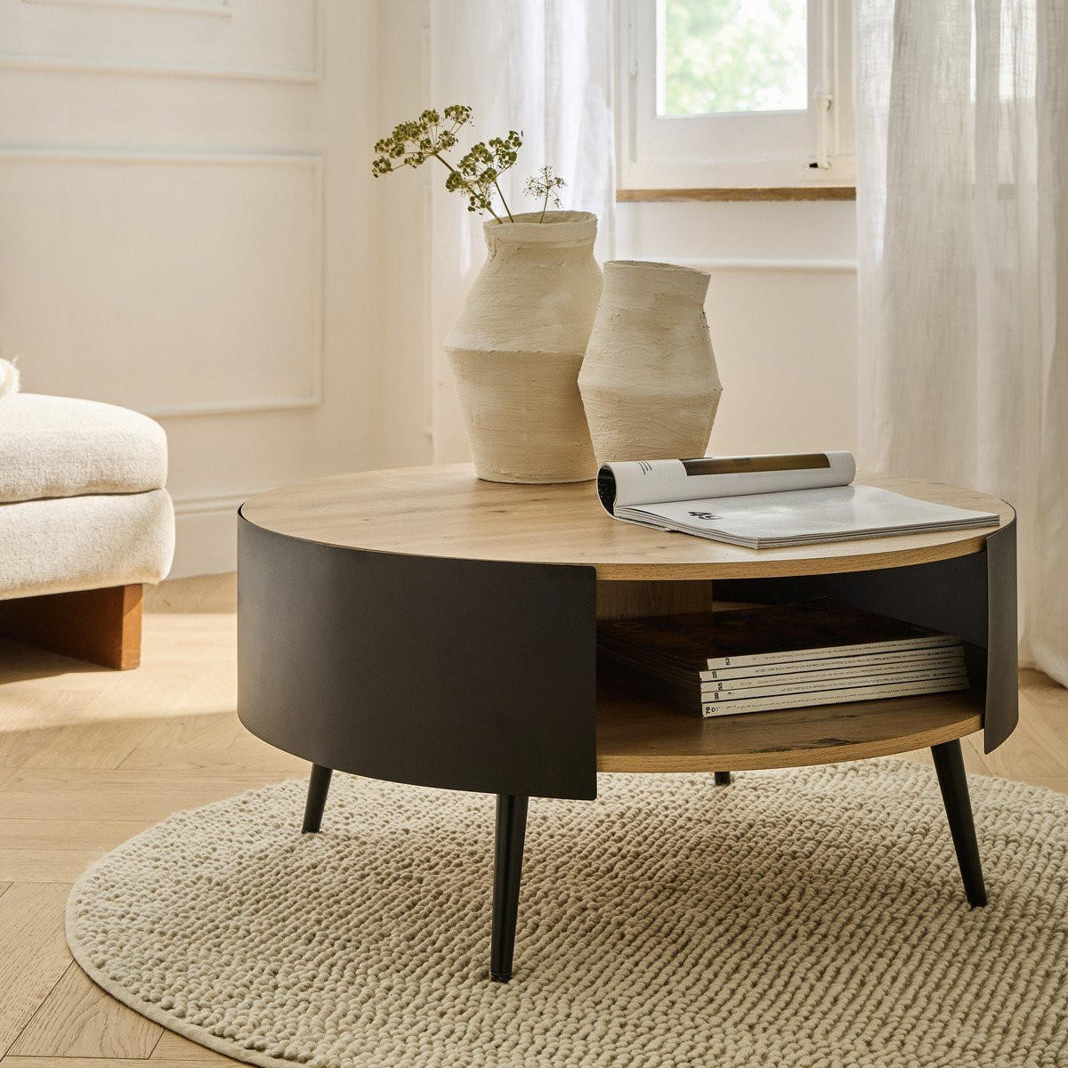 COUCHTISCH mit 2 Ebenen und schwarzen Metallseiten eklo 80/39/80 cm - Eichefarben, Holzwerkstoff (80/80/39cm) - Calicosy