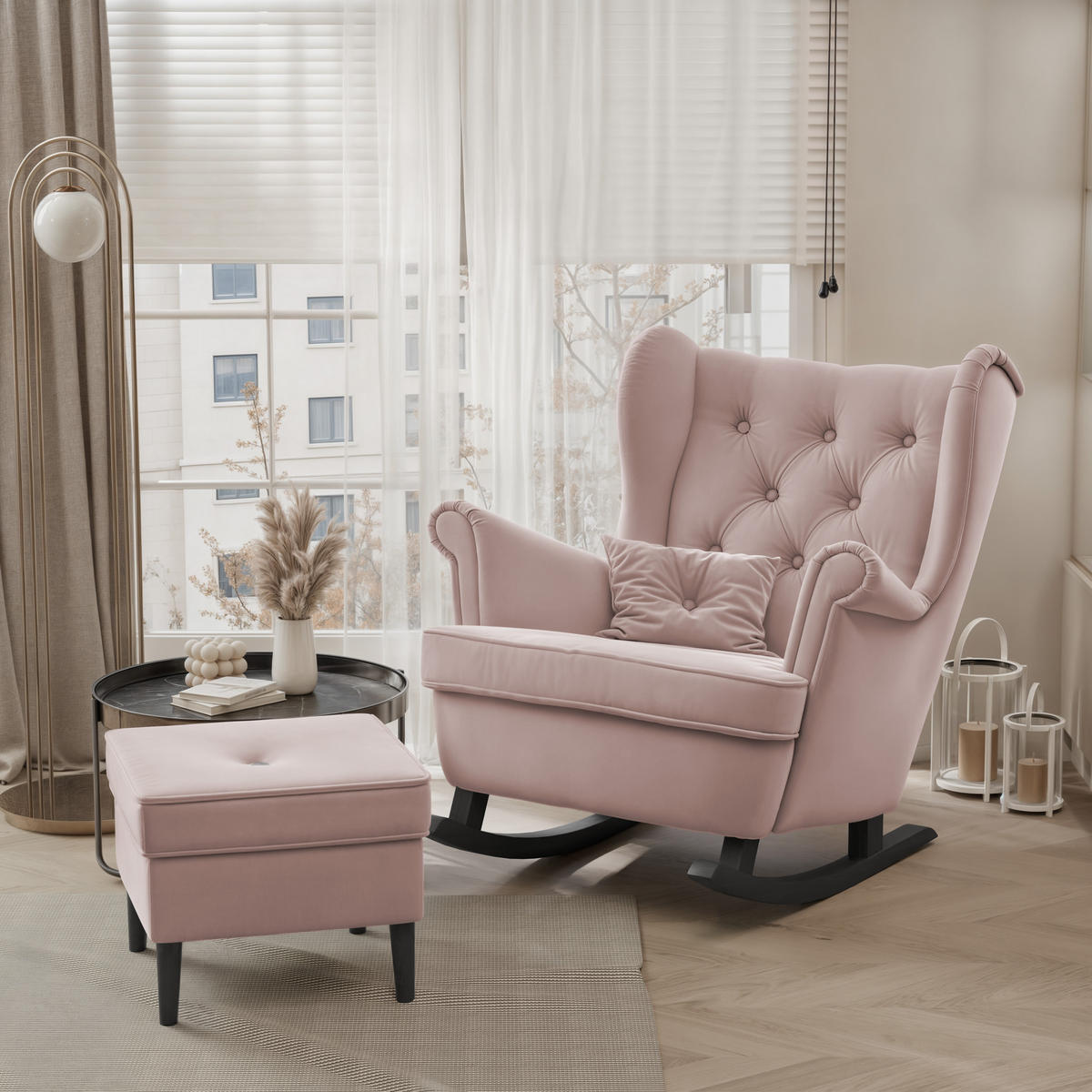 SCHAUKELSESSEL SCANDI mit hocker, Samt Rosa - Rosa, Holz/Textil (75/97/60cm) - Idohome