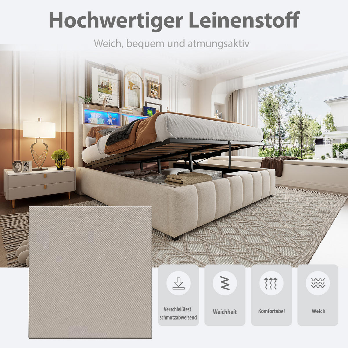 POLSTERBETT 180/200 cm in Beige Leinen mit Bettkasten, LED, USB und Type-C - Beige, Holzwerkstoff/Textil (180/200cm) - WISHDOR