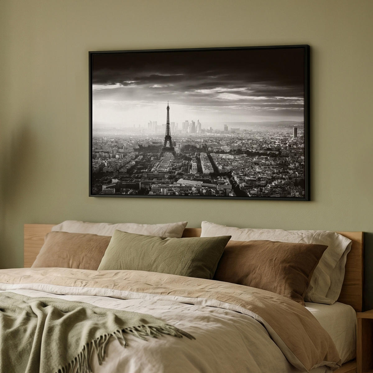 LEINWAND Bilder mit Rahmen - Paris - Skyline - Eiffelturm - Stadt - Wolken - 90x60 - Dunkelgrau, Textil (90/60cm) - MuchoWow