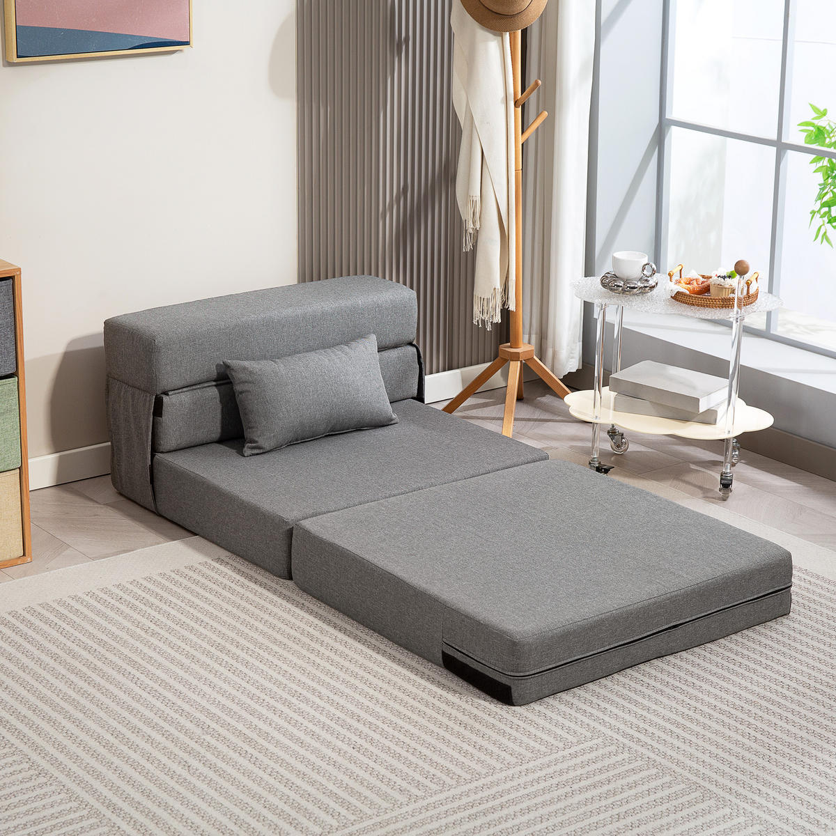 3 in 1 Schlafsessel, klappbares Schlafsofa mit Bettfunktion, Lendenkissen, Grau - Grau, Textil (80/15/210cm) - HOMCOM