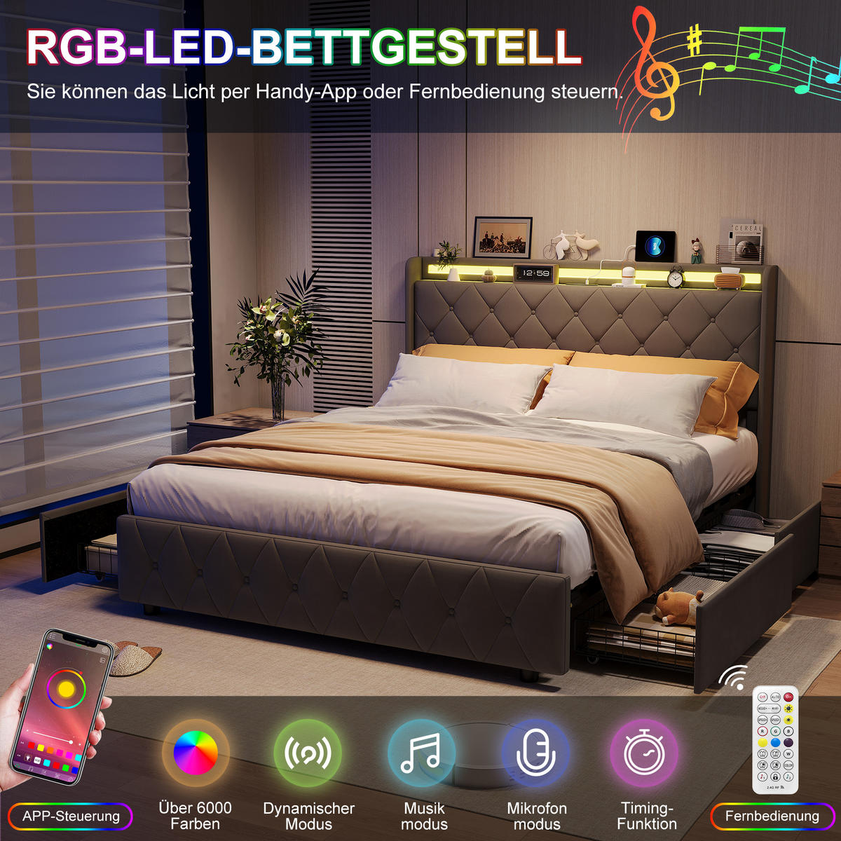 POLSTERBETT 140x200 cm mit 4 Schubladen, LED, USB & Type-C, Doppelbett Kopfteil und Lattenrost, Grau - Grau, Metall (140/200cm) - EuroLiving