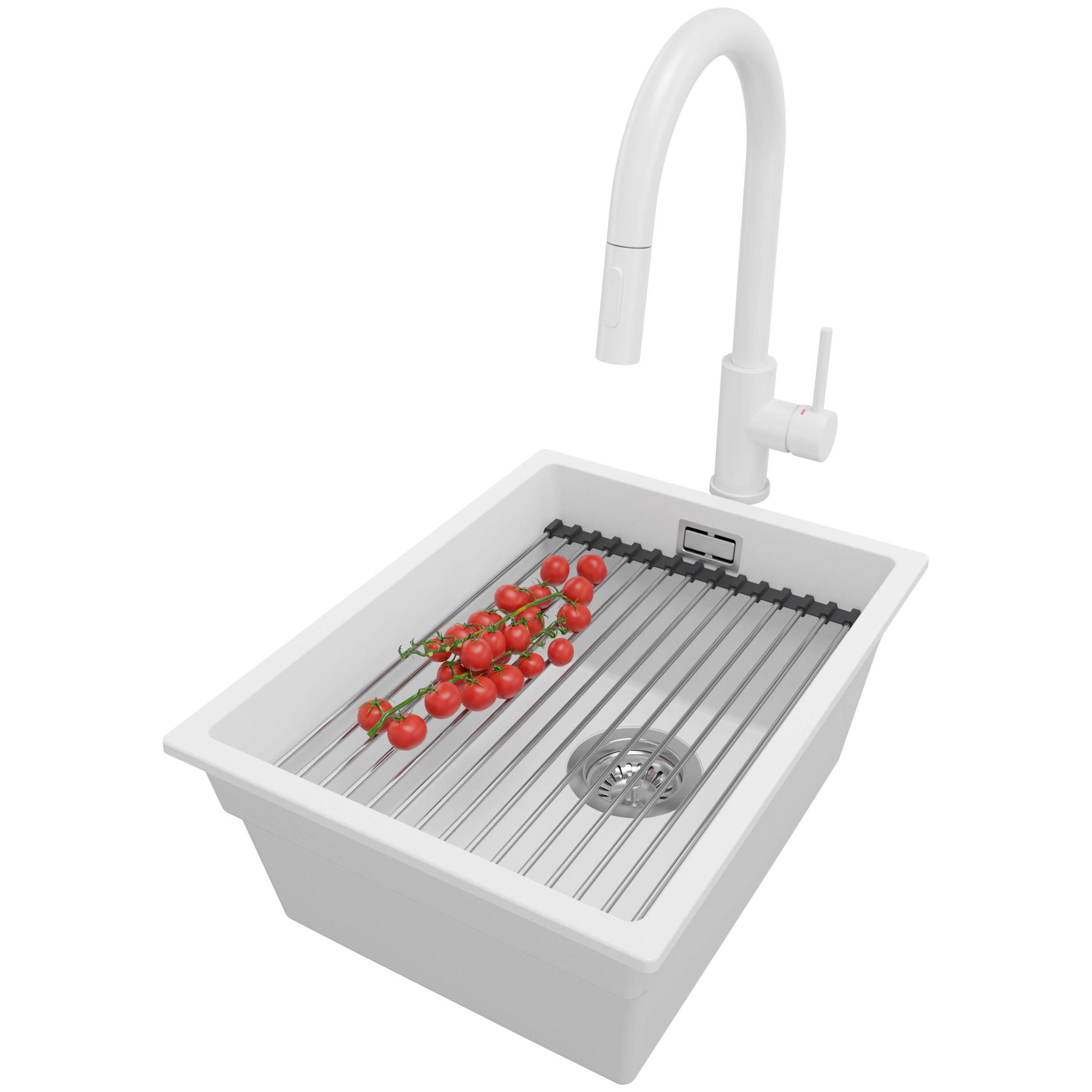 GRANITSPÜLE Praga Slim, 2-er set Weiß 36/47 cm 1 Becken + Küchenarmatur 40/20 cm + Ablauf-Set + Aufrollbare Abtropffläche ab 40er Unterschrank - Chromfarben/Weiß, Kunststoff (36/20/47cm) - Primagran