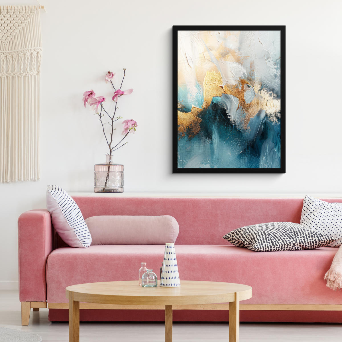GERAHMTES BILD Abstrakt - Kunst - Gold - Blau 60x80 cm - Petrol, Papier (60/80cm) - MuchoWow