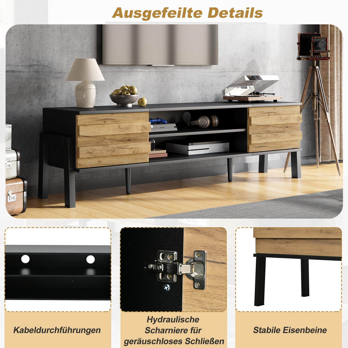 TV-LOWBOARD 175x39.5x53 cm 2 Schränke Offene Lagerflächen - Schwarz, Holzwerkstoff (39.5/53/175cm) - FLIEKS