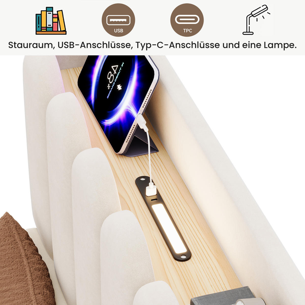 POLSTERBETT 90/200 cm in Beige mit Bettkasten, USB, Type-C und Leselampe aus Samt im Kopfteil - Beige, Holzwerkstoff/Textil (90/200cm) - STILVORA