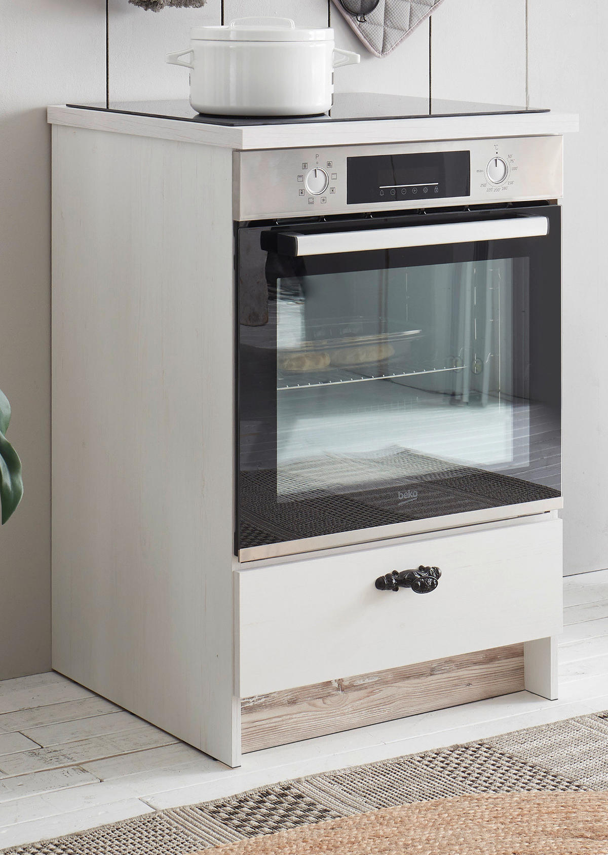 HERDUMBAUSCHRANK weiß Pinie Landhaus, Küche Unterschrank 60 cm, Soft-Close - Weiß, Holzwerkstoff (62/92/60cm) - Furn.Design