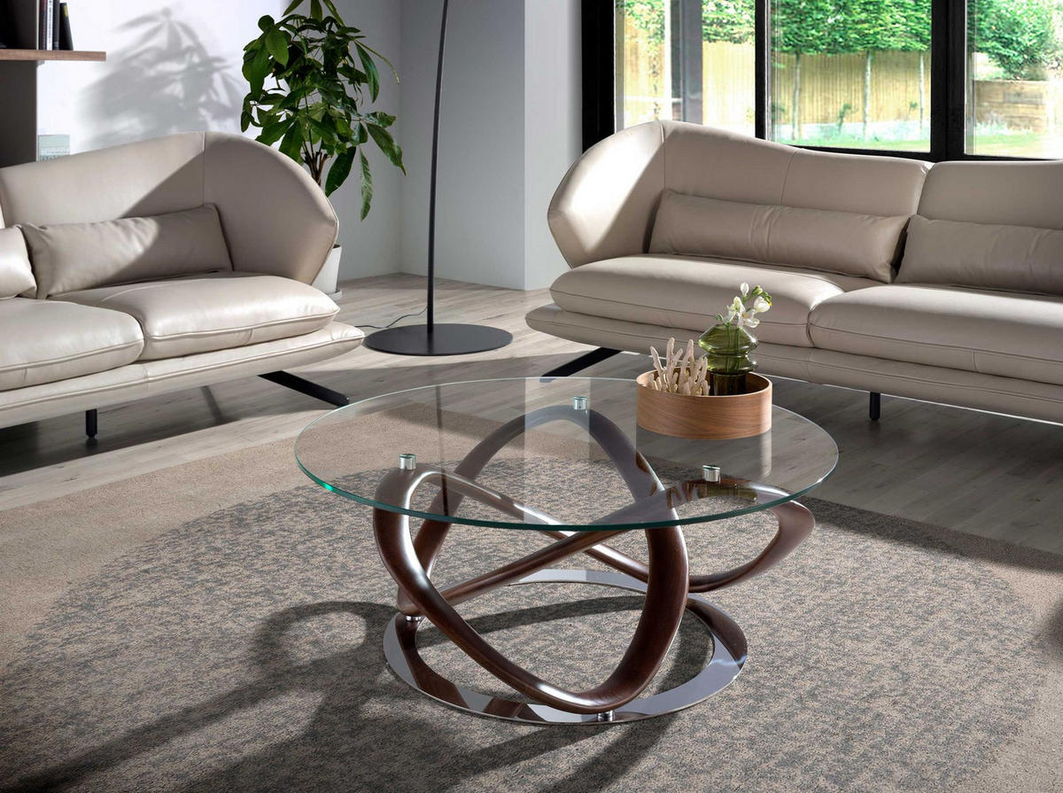 COUCHTISCH Runder aus gehärtetem Glas, Nussbaum und verchromtem Stahl Ø100/39 cm - Edelstahlfarben/Transparent, Glas/Holz (100/100/39cm) - ANGEL CERDA