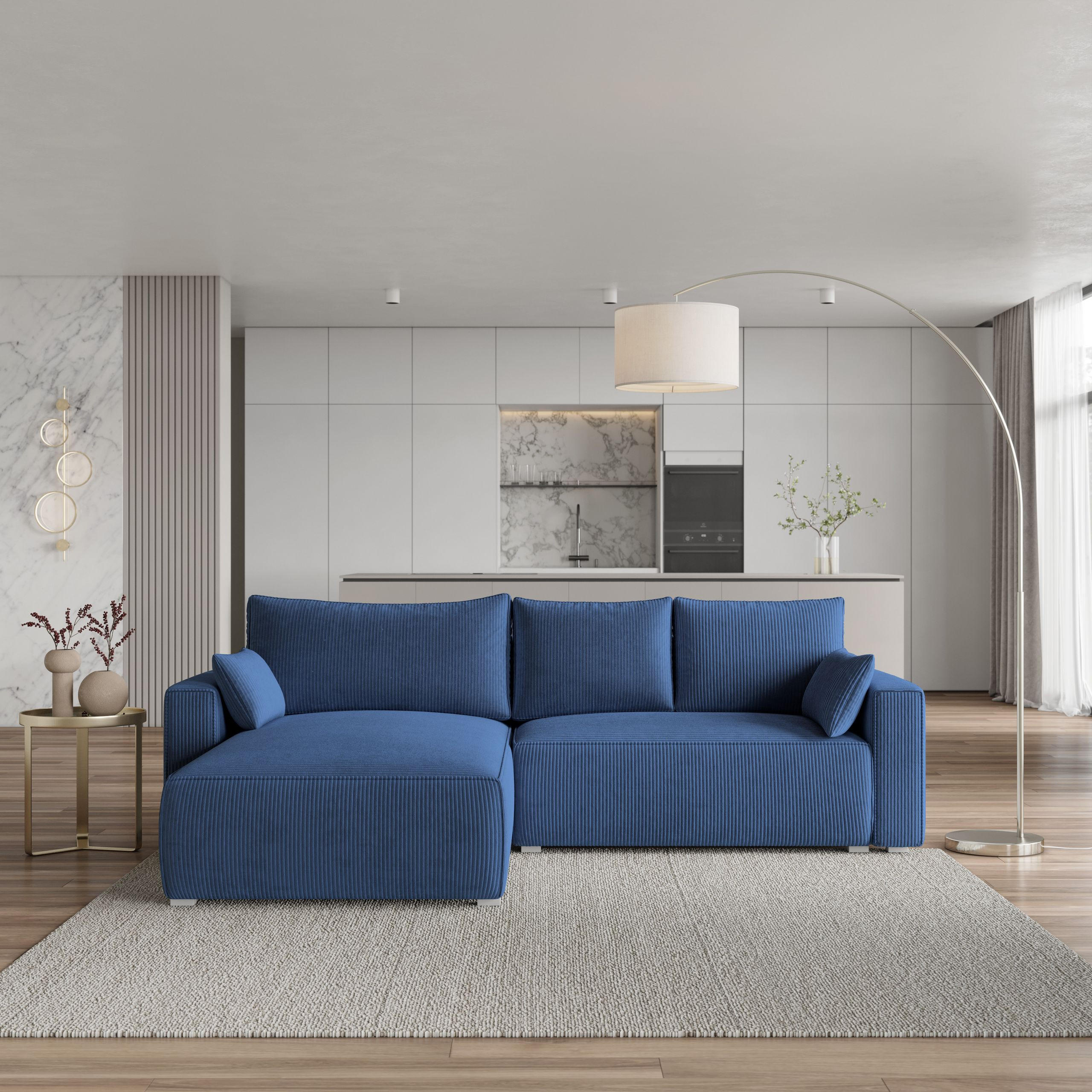 ECKSOFA FORIL P Blau Kordstoff mit Schlaffunktion - Blau, Holz (265/178cm) - MASSENO