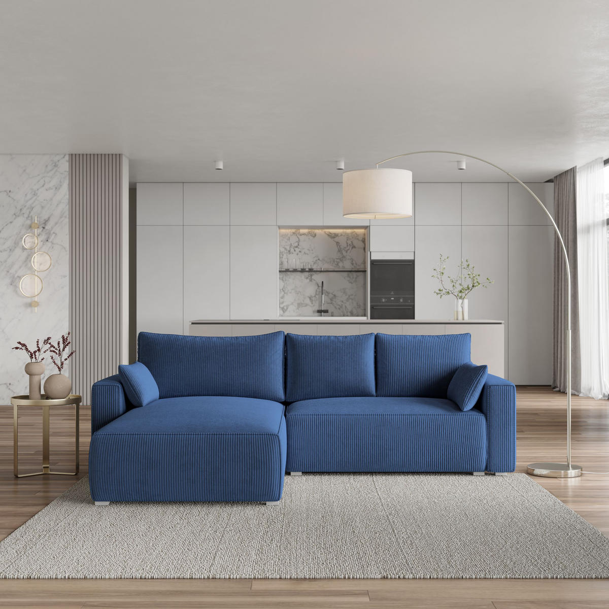 ECKSOFA FORIL P Blau Kordstoff mit Schlaffunktion - Blau, Holz (265/178cm) - MASSENO