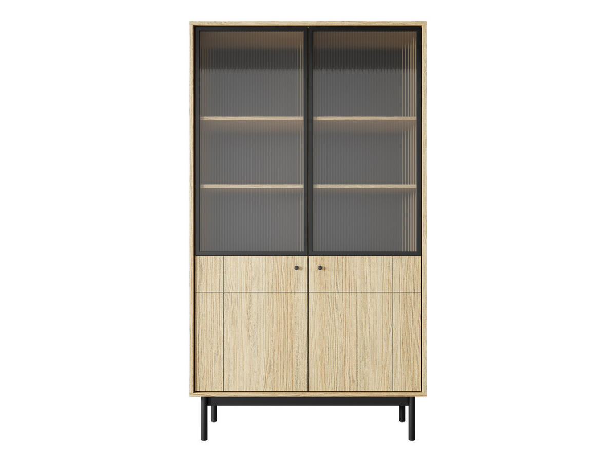 VITRINE SORA W4D (Eiche Linea, Gefräste Front, Riffelglas, Haefele Soft-Close, Holzfüße) - Eichefarben/Schwarz, Glas/Holz (104/185/39cm) - Ravio
