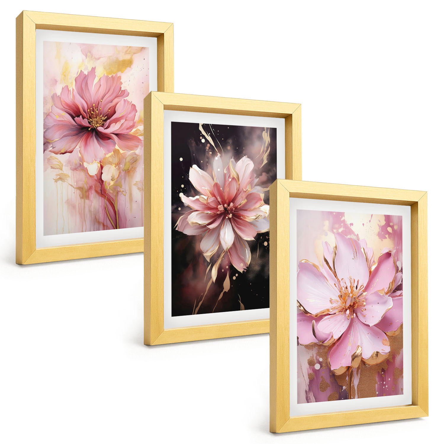 BILDER SET 3er Set - 20x30 cm Goldrahmen - Blumenkompositionen aus Rosen und Weiß - Goldfarben, Kunststoff (20/30cm) - TULUP