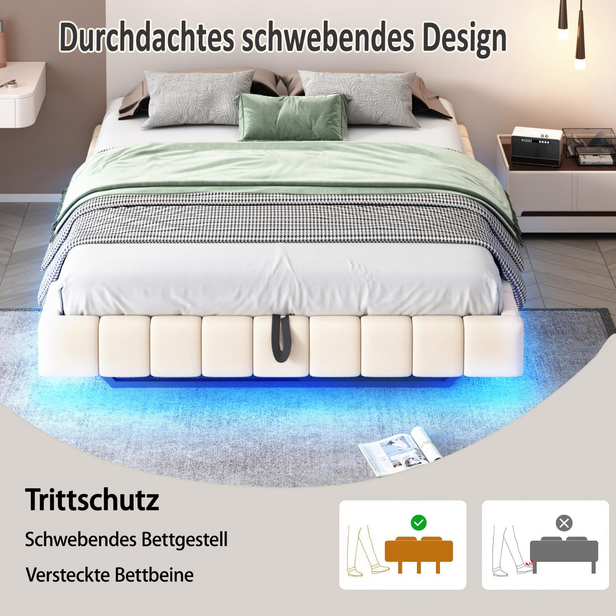 POLSTERBETT 160x200 cm LED Stauraum beige - Beige, Textil (160/200cm) - LEBENLANG