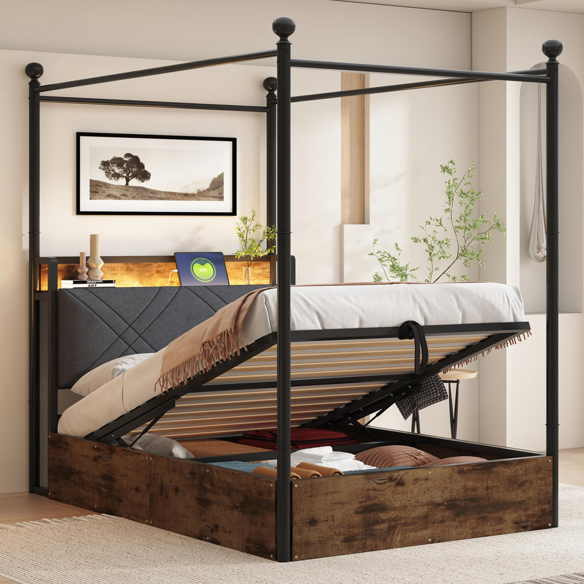 METALLBETT 90/190 cm schwarz mit hydraulischem Stauraum und LED-Beleuchtung - Schwarz, Metall (90/190cm) - OKWISH