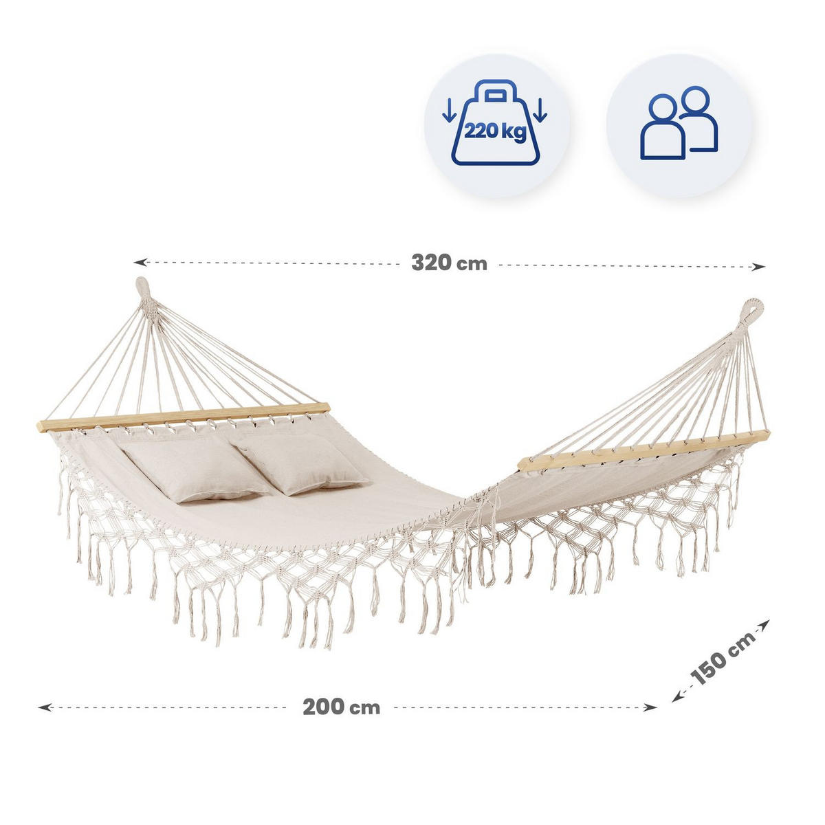 HÄNGEMATTE mit 2 Kissen, 200/150 cm, bis 220 kg, für 2 Personen - Beige, Textil (200/1/150cm) - Outtec
