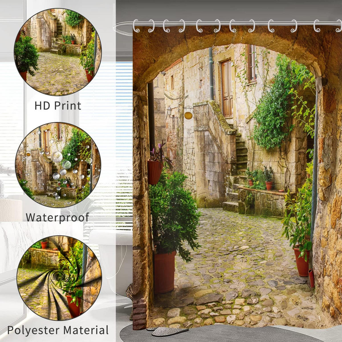 DUSCHVORHANG 3D Pflanzen Landschaft außen wasserdicht Stoff mit Haken Badewanne - Multicolor, Textil (200/180cm) - MCBOSON