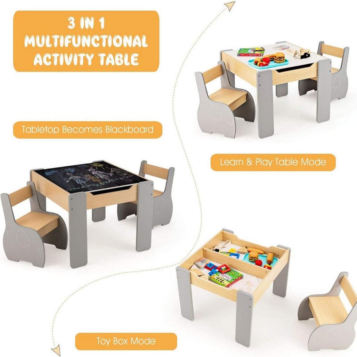 KINDERTISCH mit Stuhl grau(3-tlg) - Grau, Holzwerkstoff (63.5/48/61.5cm) - COSTWAY