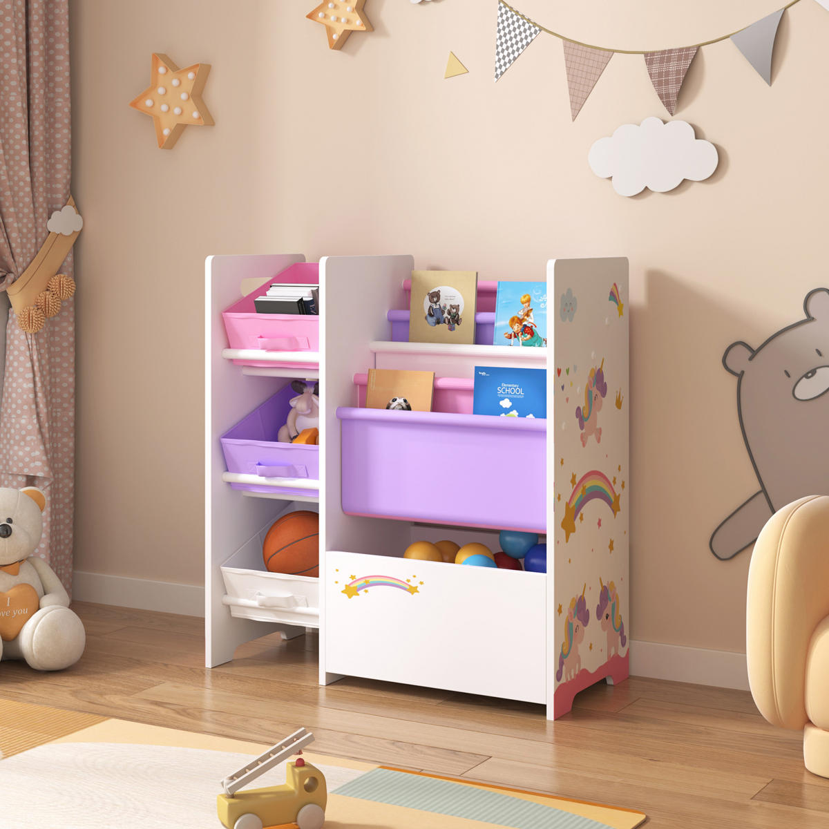 KINDERREGAL Vimianzo - Lila/Weiß, Holzwerkstoff/Textil (65/60/30cm) - [en.casa]