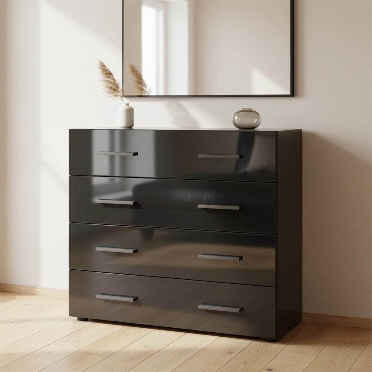 KOMMODE Den, Sideboard mit 4 Schubladen, Made in Germany, Moderner Schrank, Schwarz matt / Schwarz Hochglanz (76 x 72 x 35 cm) - Schwarz Hochglanz, Holzwerkstoff (76/72/33cm) - InnoFurn