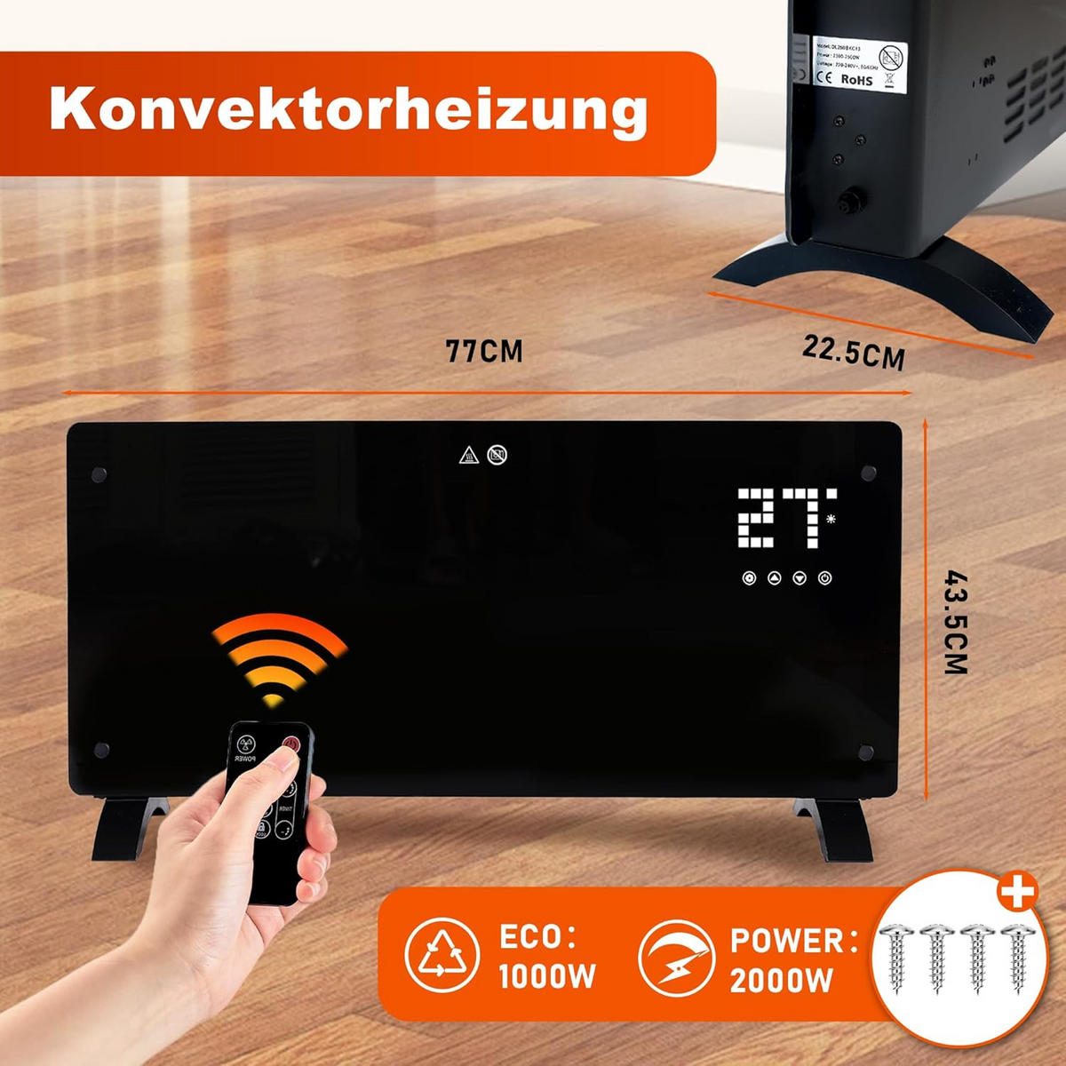 HEIZUNGSLÜFTER Emberglow 22.5/77.0/43.5 cm - Schwarz, Metall (77/43.5/22.5cm) - ZMH