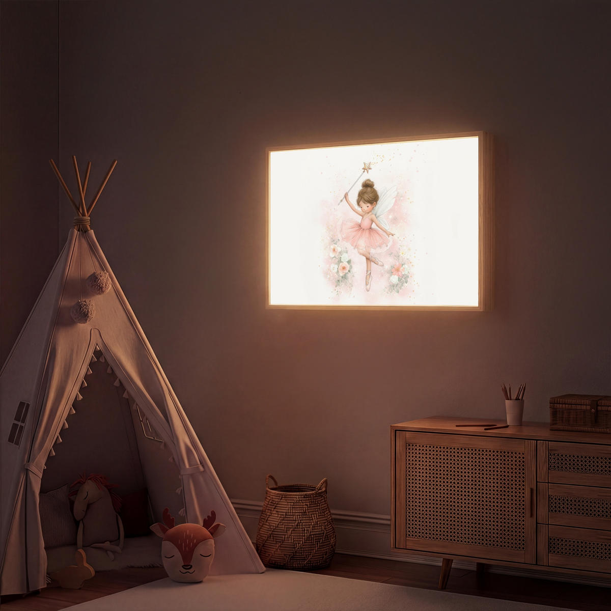NÁSTĚNNÁ LAMPA S AKUMULÁTOREM Baletka - Víla - Květiny - Růžová 90x60 cm - růžová, kompozitní dřevo (90/60/8cm) - OnlyWow
