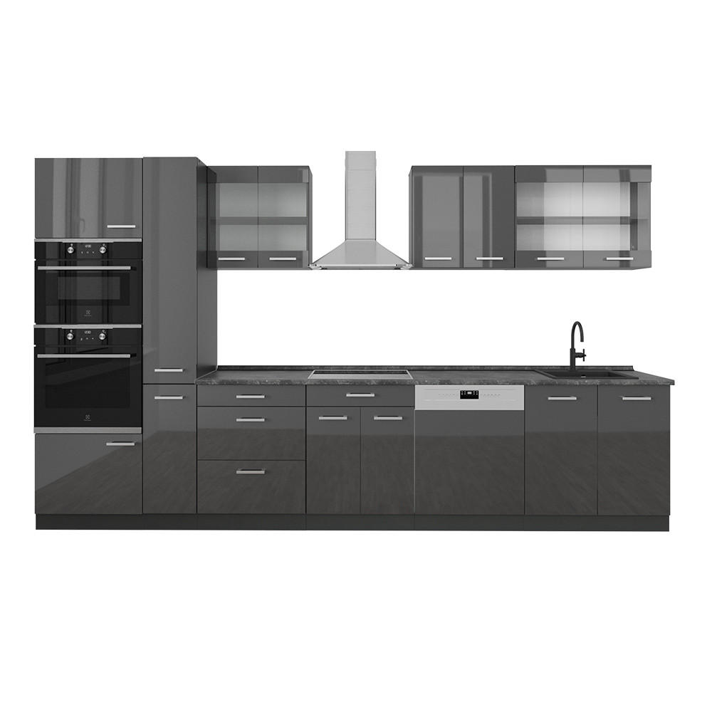 Vicco KOMPLETNÍ KUCHYNĚ R-Line Antracit vysoký lesk/antracit 350 cm , PD Antracit